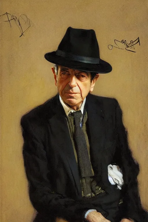 Prompt: Leonard Cohen, wearing a trilby hat, portrait by John Singer Sargent, Frank McCarthy, Robert McGinnis, norman Rockwell