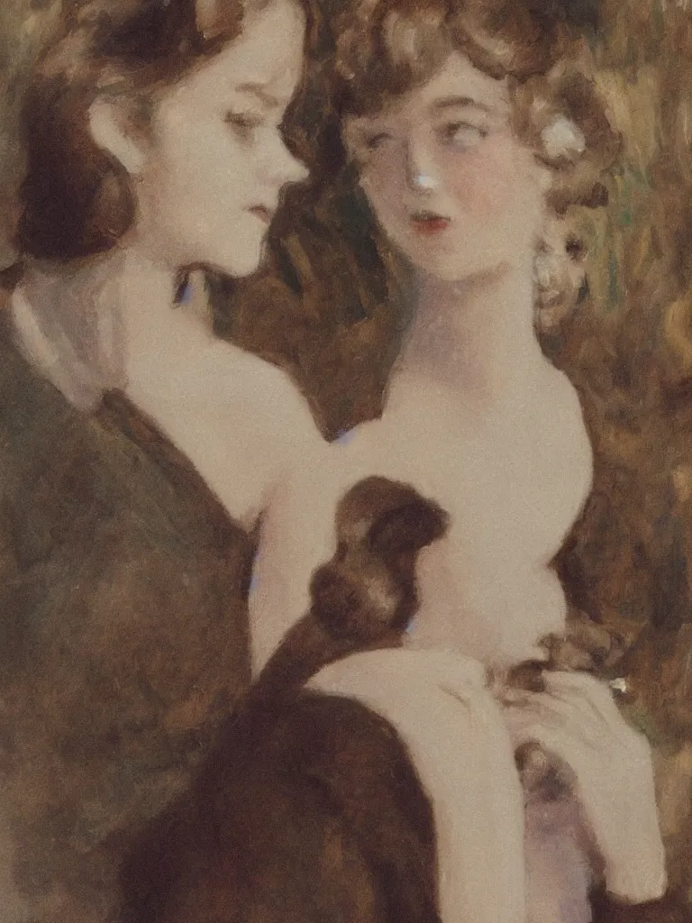 Image similar to portrait of < zelda fitzgerald > as a beautiful young lady wearing 1 9 2 0 s fashion, blurry face, brown hair, slim, fair, severe out of focus, depth of field, pleinairism, in the sun, backlit, closeup, oil on canvas, atr by monet, in the style of le promenade, smooth, impressionnisme, 8 k