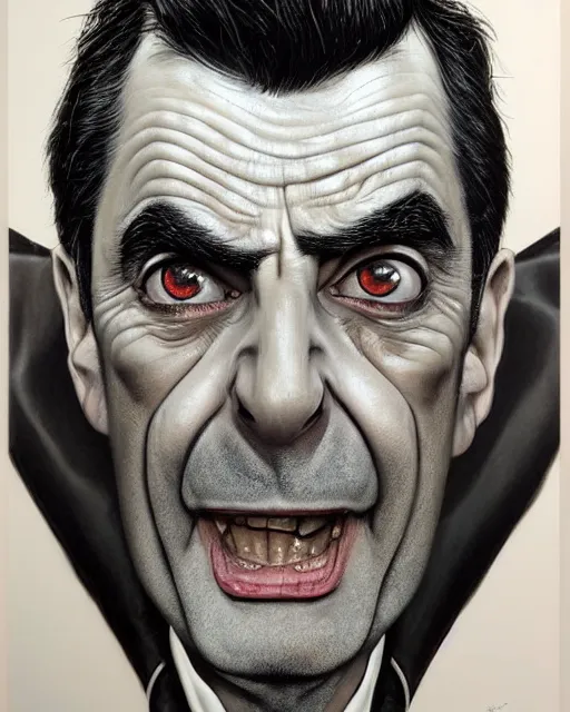 Image similar to portrait of mr bean, gritty, dark, wearing a leather jacket very detailed eyes, hyperrealistic, very detailed painting by Glenn Fabry, by Joao Ruas, by Artgerm