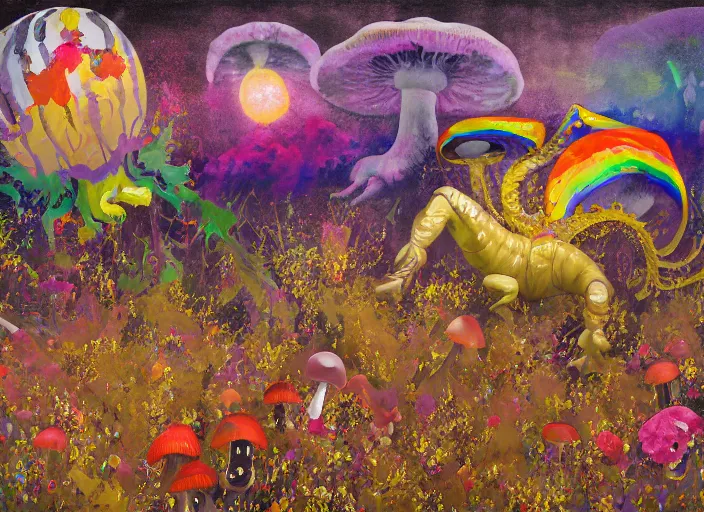 Image similar to expressionistic decollage painting golden armor alien zombie horseman riding on a translucent bone dragon broken rainbow diamond maggot horse in a blossoming meadow full of colorful mushrooms and golden foil toad blobs in a golden sunset, distant forest horizon, painted by Adrian Ghenie, Danny Fox and Hilma af Klint, pixelated, buff, color field painting, graffiti tag, byzantine art, pop art feel, naive. Mark Rothko painting, part by Philip Guston and Frank Stella art by Barnett Newman, 8k, extreme detail, intricate detail, masterpiece