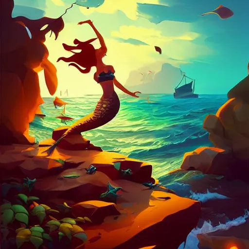 Image similar to painting mermaid treasure on sea of thieves game avatar hero smooth face median photoshop filter cutout vector, behance hd by jesper ejsing, by rhads, makoto shinkai and lois van baarle, ilya kuvshinov, rossdraws global illumination