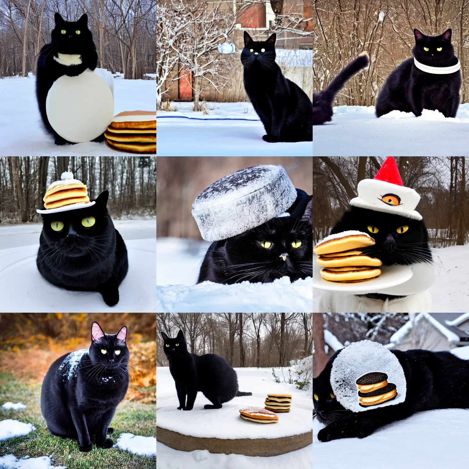 Prompt: fat black cat with pancake on head hat in Minnesota winter