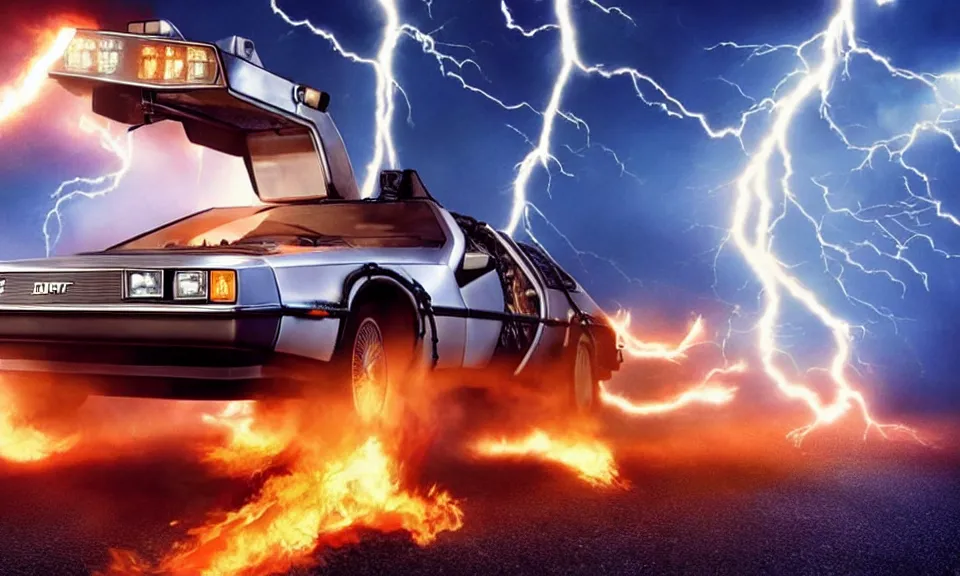 Image similar to scene from back to the future, delorean from back to the future driving very fast, lightning around the car, fire on the road, driving through a portal, motion blur