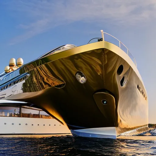 Image similar to wrinkled hunchbacked old man polishing the side of a gold plated mega yacht