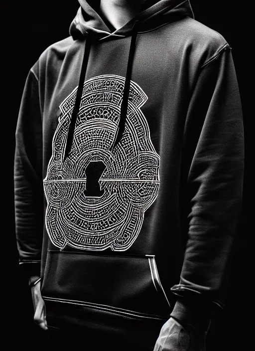 Image similar to product photography of streetwear hoodie, deep black background, intricate, elegant, highly detailed, vintage photography, prism highlights, cgsociety, street photography, smooth, sharp focus, telephoto, depth of field, octane render, blender