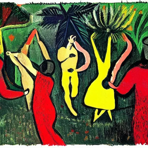 Prompt: 4 peoples dancing in the garden of eden, nature, happy, painted by picasso 1952, Peter Doig, low-key lighting, oil paint with thick brushstrokes of paint, ultra detailed, realistic, small spot of thick melting paint drips all over, 16k