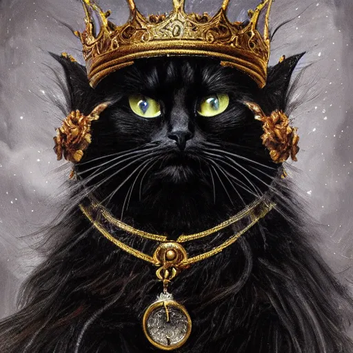 Prompt: an oil painting portrait of a long haired fluffy black Cat wearing medieval royal robe and an ornate crown on a dark space background digital Art, concept Art, highly detailed, 3-D 4K, trending on art station, Mark Brooks,