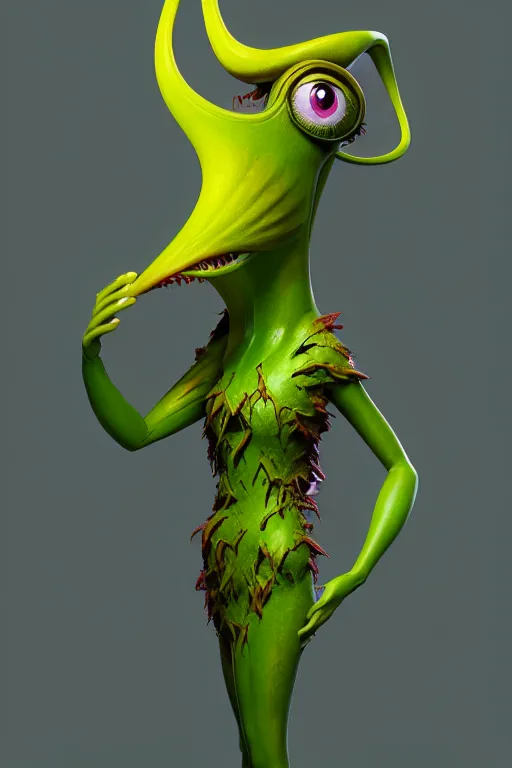 Image similar to anthropomorphic, mutant carnivorous plant, full body, character design by Disney and Pixar, sculpted in zbrush, minimal, dystopian, big eyes with eyelashes,extremely detailed, digital painting, artstation, concept art, volumetric lighting, golden ratio, rule of thirds, fibonacci