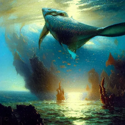 Image similar to point of view of deep in the ocean looking up, you see fishes, higher up you see very clearly the milk way illuminating the sea down bellow, night time. highly detailed painting by gaston bussiere, greg rutkowski 8 k