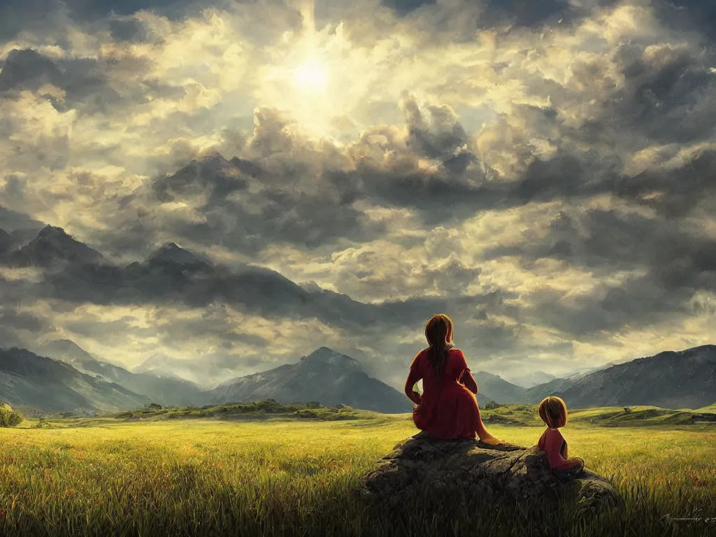 Prompt: a cinematic landscape view looking at an open field, a girl sits in the field looking at the sky, mountains in the distance with a river running down, the sun shines through the parted clouds, digital painting, fantasy, art by alexandre mahboubi and christophe oliver