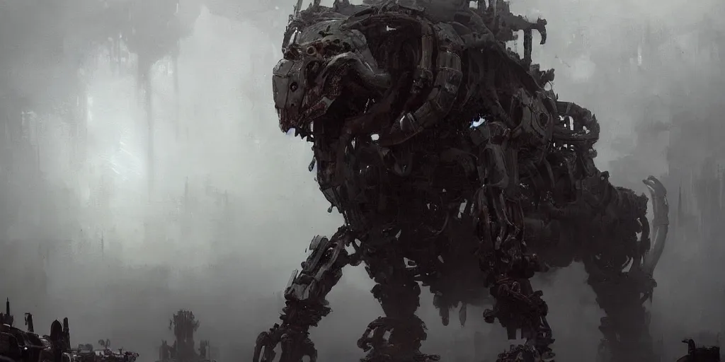 Image similar to beautiful painting by jeremy mann, a mechanical jaguar creature of horizon forbidden west horizon zero dawn, depressing concept art, fantasy, desaturated, ominous, unsettling, sharp focus, octopath traveler, unreal engine highly rendered, global illumination, dramatic lighting, misty, volumetric fog