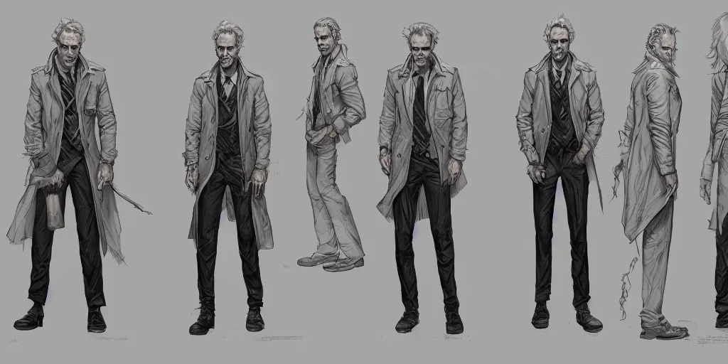 Image similar to john constantine, character sheet, concept design, contrast, kim jung gi, greg rutkowski, zabrocki, karlkka, jayison devadas, trending on artstation, 8 k, ultra wide angle, pincushion lens effect