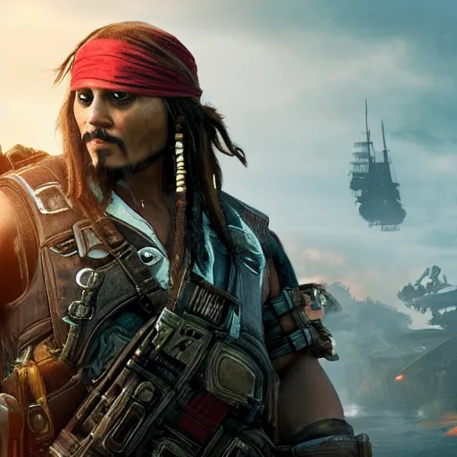 Image similar to captain jack sparrow in gears of war, splash art, movie still, cinematic lighting, dramatic, octane render, long lens, shallow depth of field, bokeh, anamorphic lens flare, 8 k, hyper detailed, 3 5 mm film grain