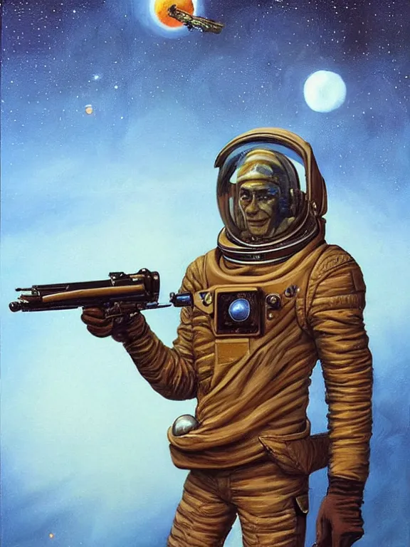 Image similar to a painting of a spaceman holding a rifle, concept art by michael whelan, tim white and vincent di fate, featured on deviantart, space art, concept art, sci - fi, cosmic horror