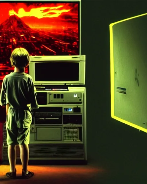 Image similar to 8k professional photo of an 8 years old enlightened and scared boy standing in front of an old computer from 90s with a game doom2 at the monitor screen, still from a movie by Gaspar Noe and James Cameron