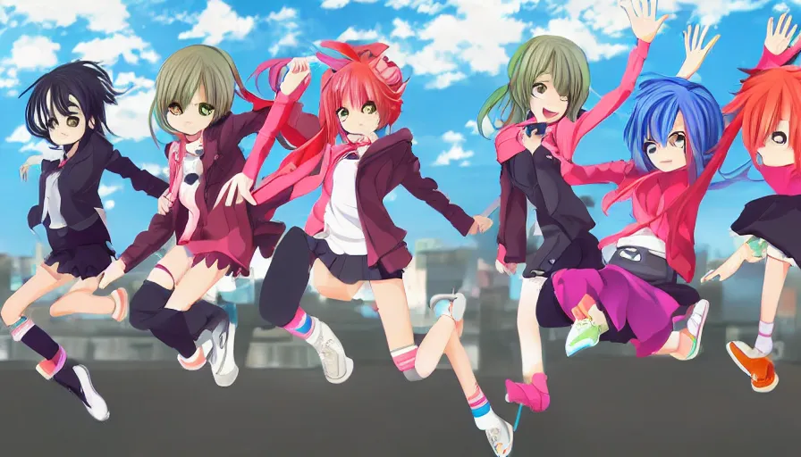 Image similar to three cute anime characters jumping, colorful outfits, realistic face, detailed face, detailed eyes, short miniskirts, lightly dressed, ultra detailed digital art, hyper real, detailed, group photo, ultra detailed, ground up angle