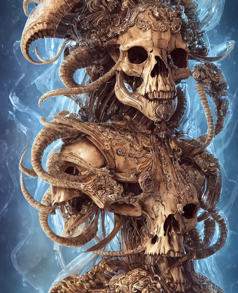 Image similar to close-up macro portrait of the face of a beautiful princess with ram animal skull mask, epic angle and pose, ribcage skeleton symmetrical artwork, 3d with depth of field, blurred background, cybernetic jellyfish female face phoenix bird, translucent, nautilus, energy flows of water and fire. a highly detailed epic cinematic concept art CG render. made in Maya, Blender and Photoshop, octane render, excellent composition, cinematic dystopian brutalist atmosphere, dynamic dramatic cinematic lighting, aesthetic, very inspirational, arthouse. y Greg Rutkowski, Ilya Kuvshinov, WLOP, Stanley Artgerm Lau, Ruan Jia and Fenghua Zhong