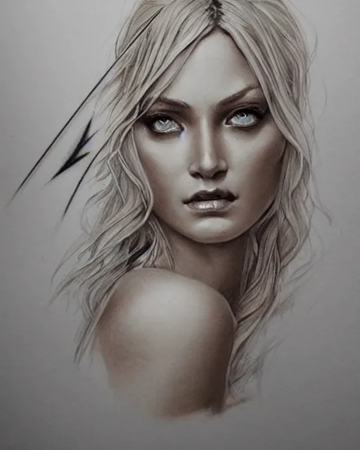 Image similar to tattoo sketch of beautiful greek goddess aphrodite, bow and arrow, beautiful piercing eyes, flowing blonde hair, realistic face, hyper realistic, in the style of greg rutkowski, fantasy, amazing detail, epic, intricate, elegant, smooth, sharp focus