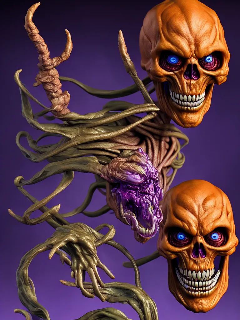 Image similar to hyperrealistic rendering, skeletor face by bernie wrightson and killian eng and joe fenton, product photography, action figure, sofubi, studio lighting, colored gels