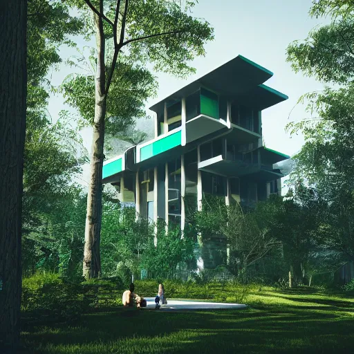 Prompt: sci fi architecture modern design, detailed, greens, blue colors, trees, people, octane render.