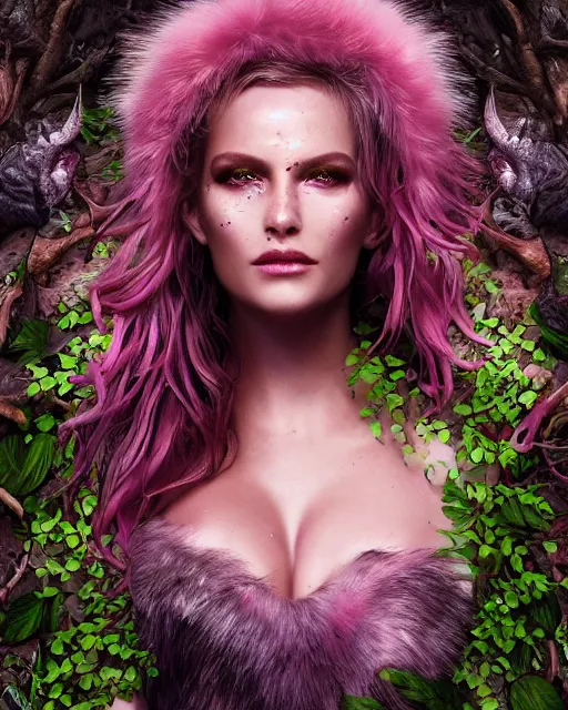 Image similar to portrait high definition photograph pretty woman fantasy character art, hyper realistic, pretty face, hyperrealism, iridescence water elemental, snake skin armor forest dryad, pink furry foliage, 8 k dop dof hdr fantasy character art, by aleski briclot and alexander'hollllow'fedosav and laura zalenga