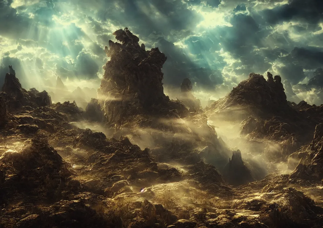 Image similar to fantasypunk landscape, 1 9 th century daguerreotypists, cinematic, gorgeous clouds, god rays, fantasy art, octane render, ureal engine, hyperdetailed