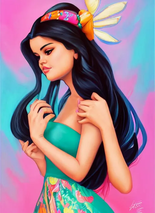 Prompt: beautiful thirty year old woman with long black hair, tan skin, curvy hourglass figure, round cute face, slightly resembles selena gomez wearing a colorful disney princess gown with mickey mouse ears headband. beautiful painting by lois van baarle and artgerm