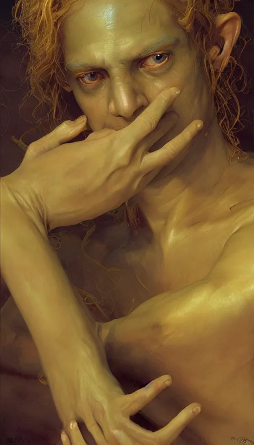 Image similar to epic masterpiece portrait of hands, drama, sweaty skin, hyperrealistic, octane render, cinematic, beautiful and flawless skin, perfect hands, 5 fingers, yellow by Edgar Maxence and Ross Tran and Michael Whelan and Lorenzo Sperlonga, Brom, Legends of Runeterra