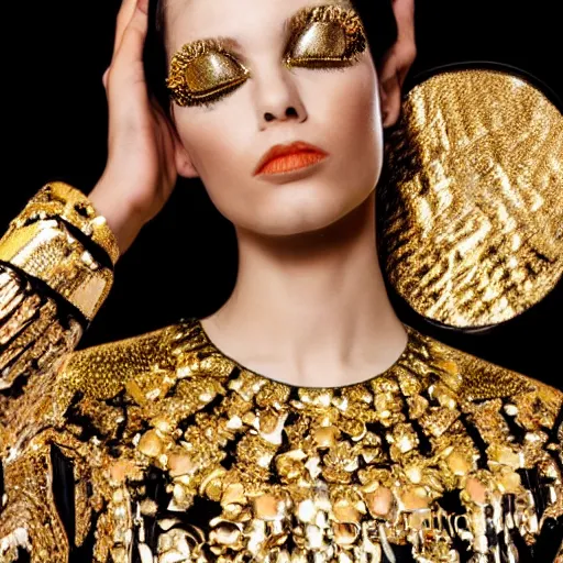Image similar to close up of face of a fashion model with plated gold on face in luxury dress, black background, official valentino editorial, highly detailed