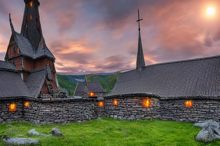 Image similar to Heddal Stave Church in Norway at sunset, surrounded by many little glowing orbs floating around. Photo-realistic UHDR, hyperrealism, luminescence, very detailed, cinematic, DoP.