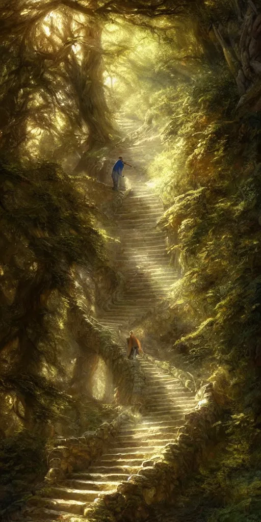 Prompt: a man walking up a steep and winding staircase, in beautiful woods, intricate, dappled lighting, elegant, highly detailed, oil painting, artstation, concept art, sharp focus, beautiful illustration, society, by justin gerard and artgerm, 4 k