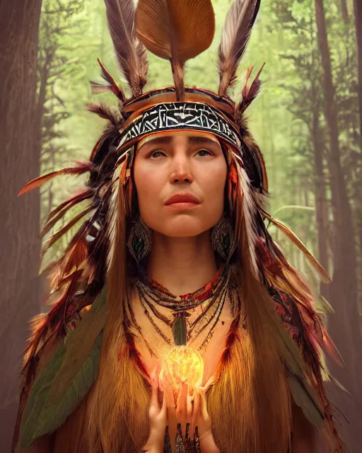 Prompt: Beautiful art portrait of a fantasy native american female mushroom shaman in a bright temple surrounded by lush forest, atmospheric lighting, intricate detail, cgsociety, hyperrealistic, octane render, RPG portrait, ambient light, dynamic lighting,