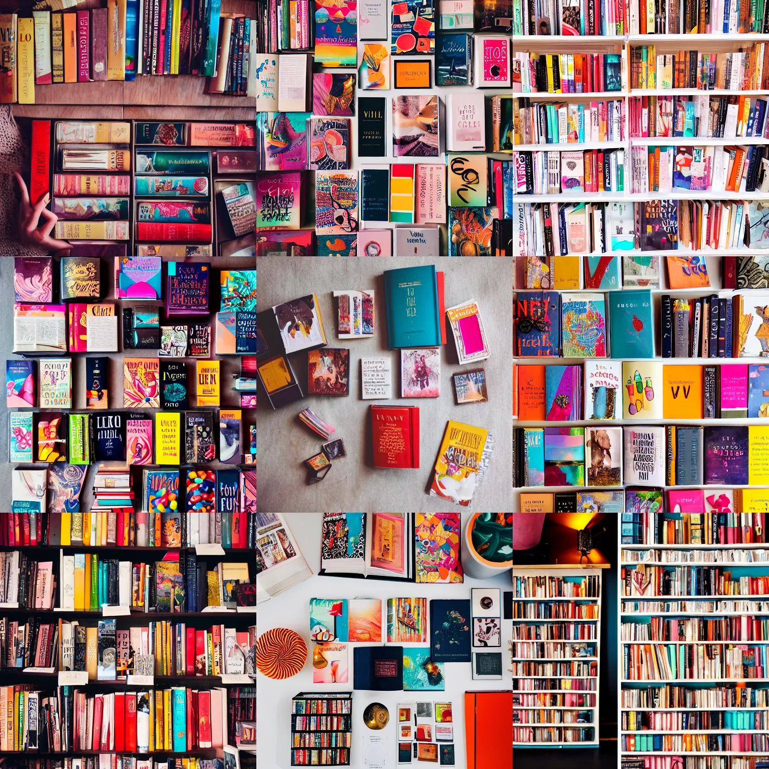 Prompt: flatlay book collection, vivid colors, dramatic lighting, candy