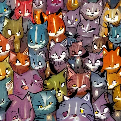 Image similar to a room full of big eye cats singing in comic art style pastel colors