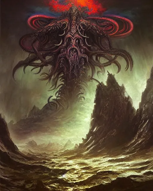 Prompt: inconceivable otherworldly massive!!!!!!!!!! cthulu god rising from a grim landscape, epic painting by richard schmid. elder god lovecraft mythology