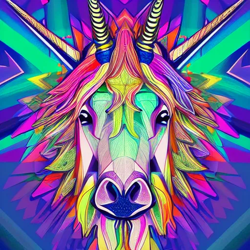 Image similar to a technicolor portrait illustration of a unicorn in geometric kaleidoscopic colors trending on artstation 4 k intricate extremely detailed digital art