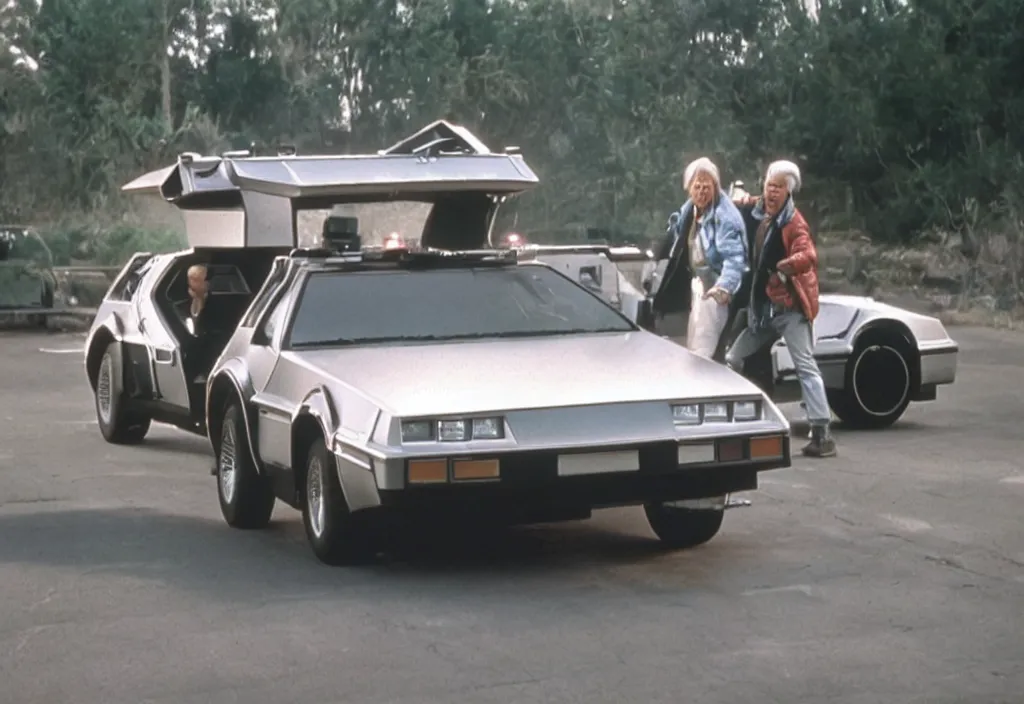 Prompt: back to the future 2, movie still, 4 k, movie grain, remastered, tesla cybertruck instead of a delorean, cinema, dramatic illumination, detailed, real,