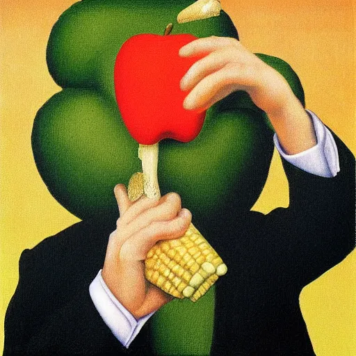 Image similar to The Son of Man painting by Rene Magritte but with an corn cob instead of an apple