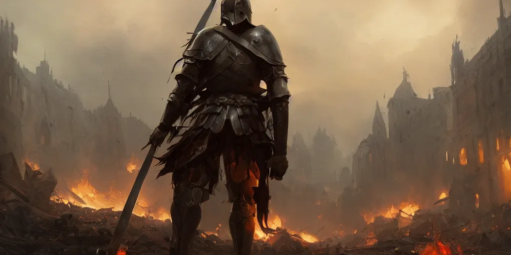 Image similar to a painting of a cinematic keyframe of a medieval knight warrior with his sword walking into a destroyed medieval town, with fire by greg rutkowski, dark fantasy art, high detail, trending on artstation