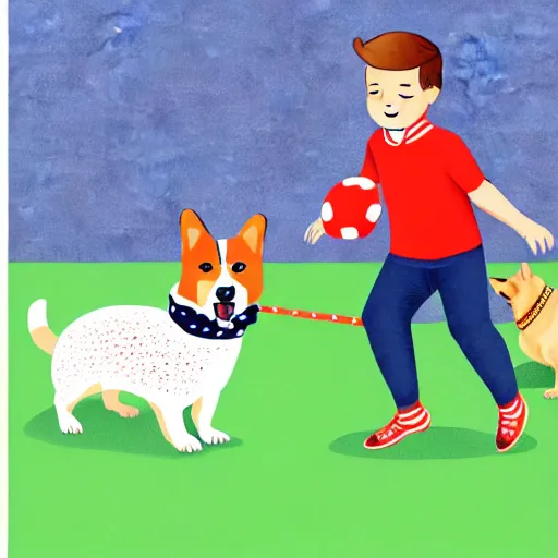 Image similar to illustration of french boy in paris playing football against a corgi who is wearing a polka dot scarf