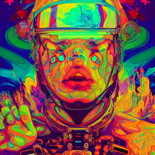 Prompt: An extremely psychedelic experience, colorful, surreal, dramatic lighting, cosmonaut, LSD, face, detailed, intricate, elegant, highly detailed, digital painting, artstation, concept art, smooth, sharp focus, illustration, art by Sam Spratt, Dan Mumford, Artem Demura and Alphonse Mucha