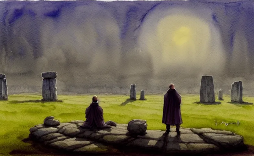 Image similar to a hyperrealist watercolour character concept art portrait of one small grey medieval monk kneeling down in prayer in front of a complete stonehenge monument on a misty night. a huge stone is in the sky. by rebecca guay, michael kaluta, charles vess and jean moebius giraud