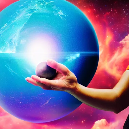 Image similar to yoga instructor holding a planet in her hands in space, trending on art station, cinematic shot, magical colors and atmosphere, perfect composition, coherent, 8 k