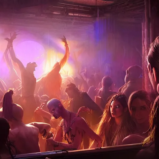 Image similar to a shaman dj in nightclub, people dancing in background, anatomy, bathed in light, highly detailed, photorealistic, artstation, smooth, sharp focus, illustration, unreal engine 5, 8 k, art by artgerm and greg rutkowski and edgar maxence