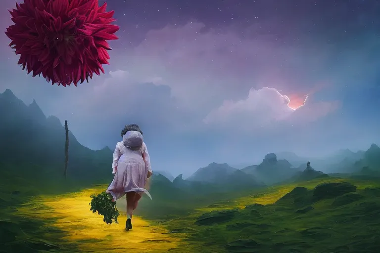 Image similar to giant dahlia flower as a head, girl walking on mountain, surreal photography, stars, dramatic light, impressionist painting, storm clouds, digital painting, artstation, simon stalenhag