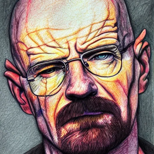 Image similar to walter white covered in acid fog, colored pencil drawing,