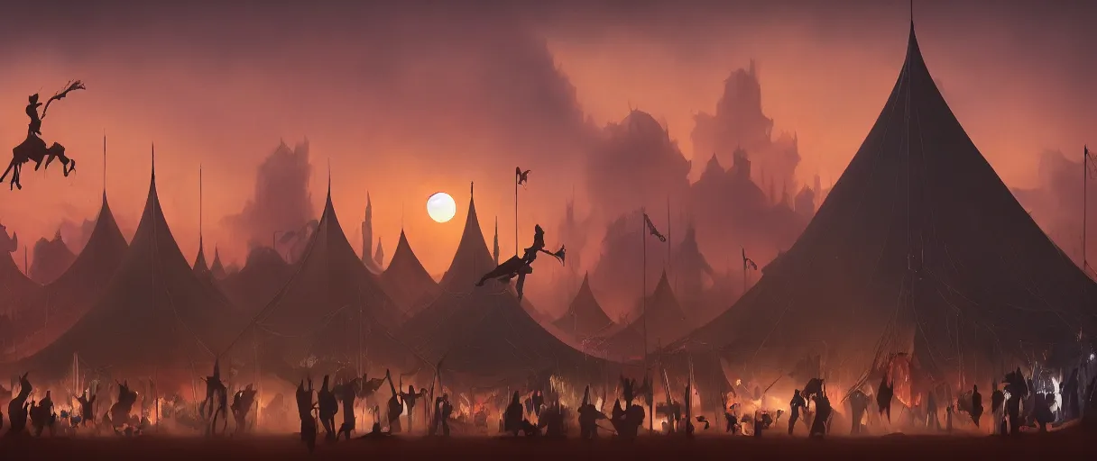 Prompt: beautiful matte painting silhouette of dark colorfull evil circus tents and carnival, dramatic sunset, Moebius, frank frazetta, james gurney, thomas kinkade, rodney mathews, beeple, trending on artstation