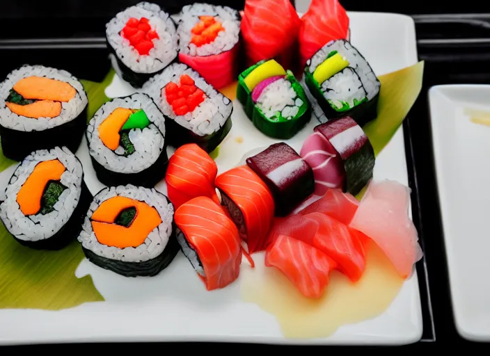 Image similar to dslr food photograph of sushi made of candy, 8 5 mm f 1. 8