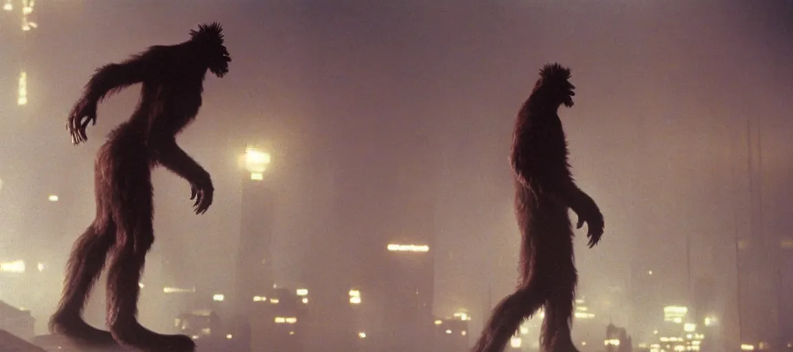 Prompt: an award winning photo of bigfoot in a still from the movie blade runner ( 1 9 8 2 ), 4 k, high quality