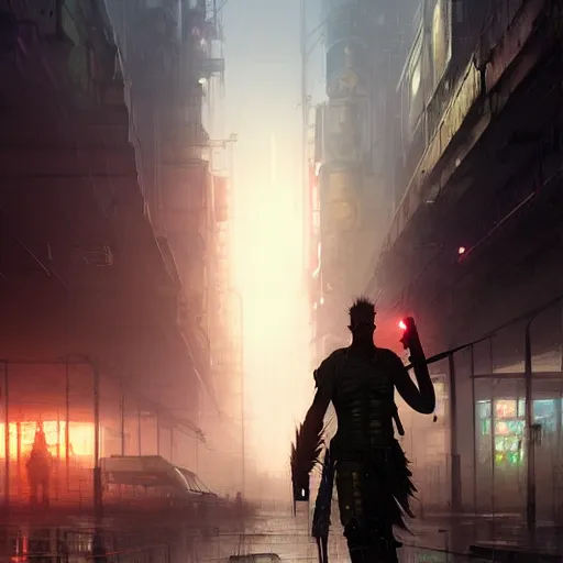 Image similar to an exhausted warrior wandering through a lost cyberpunk city from left to right, rainy day, radiant light, digital painting, art station, cell shaded, by les edwards, by greg rutkowski